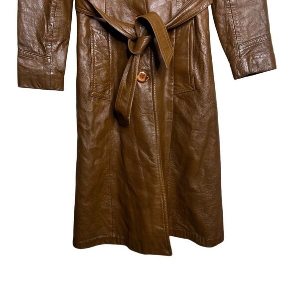 Vintage 70s Leather Wet Look Light Brown Trench Coat Womens - Picture 3 of 8
